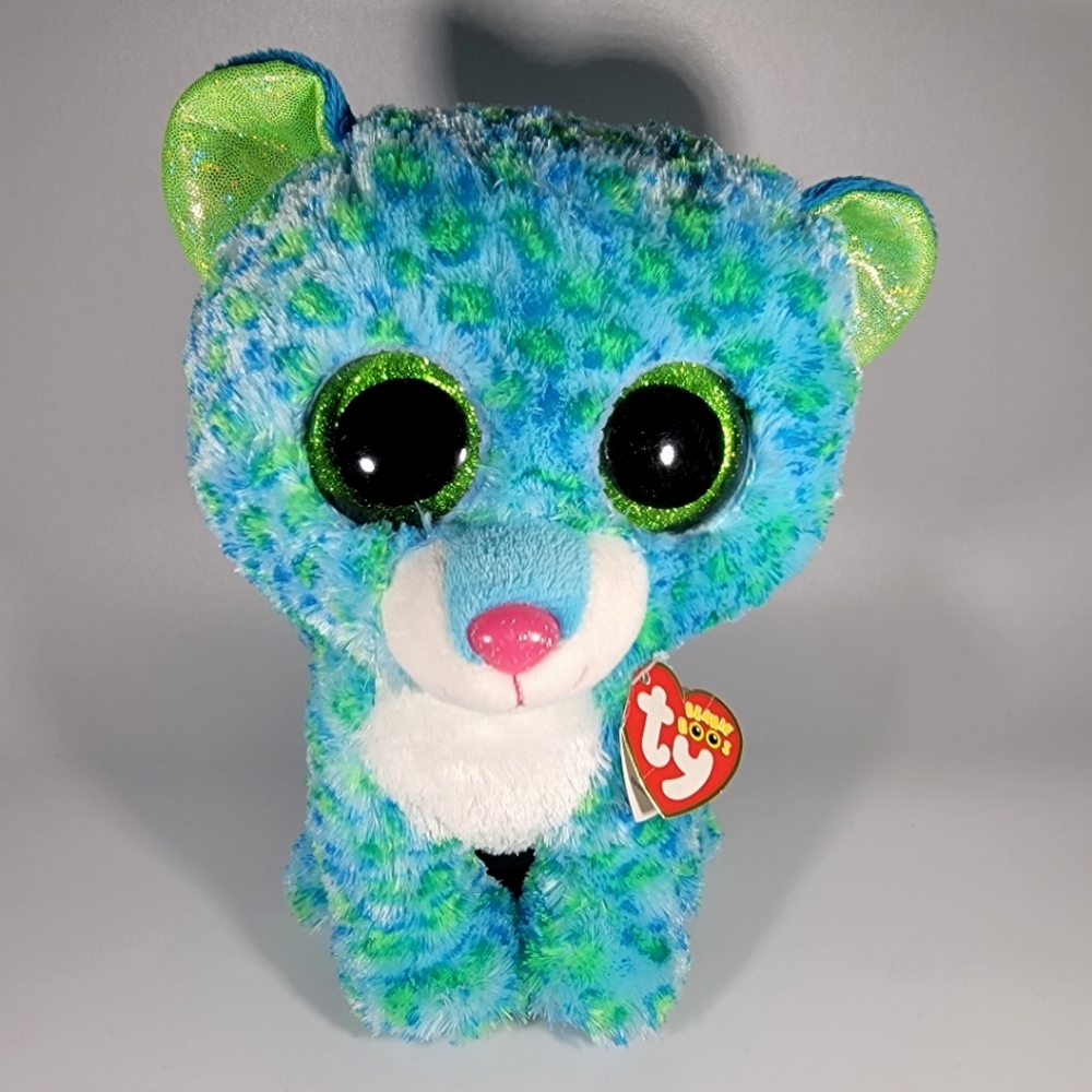 Ty Beanie Boos Leona the Leopard Cat 9" Plush Glitter Eyes Pink Sparkle Nose